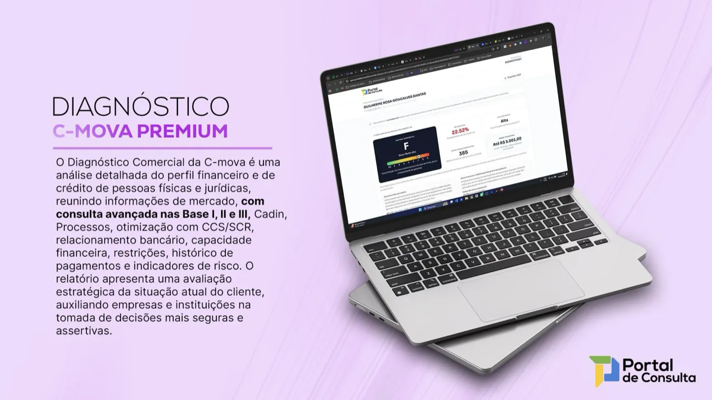 Página do Diagnóstico C-MOVA Premium, com notebook mostrando o relatório